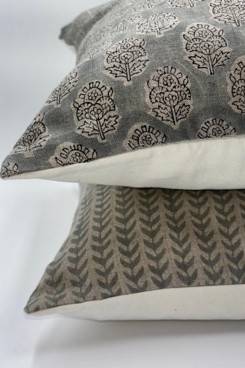 Gray Floral Linen Pillow Cover – Hand Block Printed Farmhouse Throw Pillow