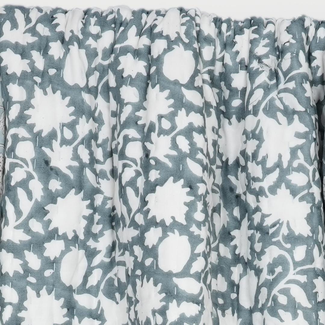 Blue Gray Floral Cotton Quilt – Hand Block Printed Reversible Farmhouse Bedspread