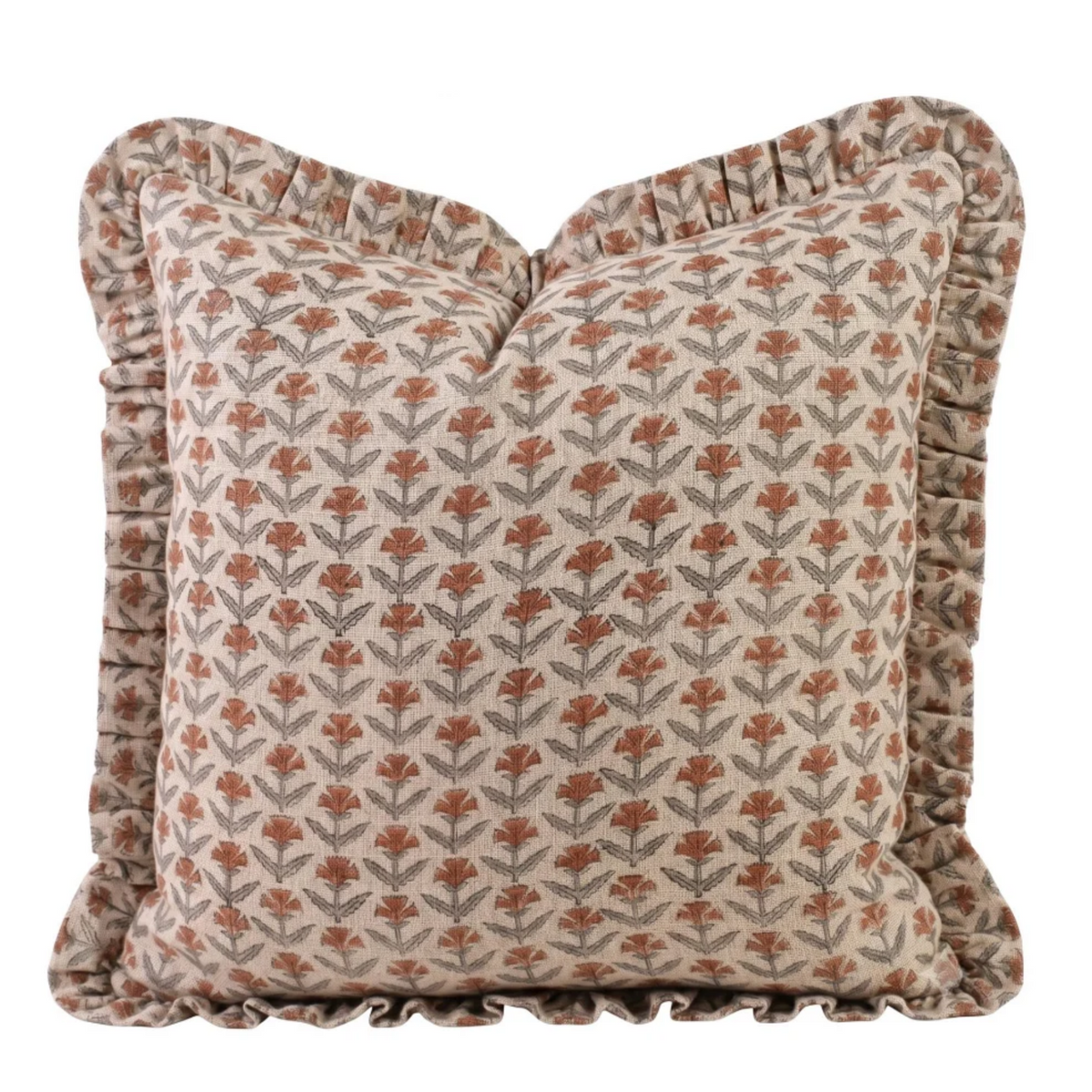 Rust Floral Ruffled Linen Pillow Cover