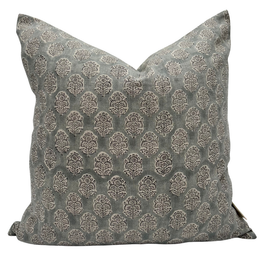 Gray Floral Linen Pillow Cover – Hand Block Printed Farmhouse Throw Pillow