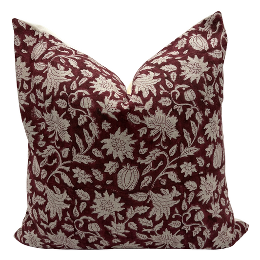 Cranberry Red Floral Linen Pillow Cover – Block Printed Christmas Farmhouse Throw Pillow