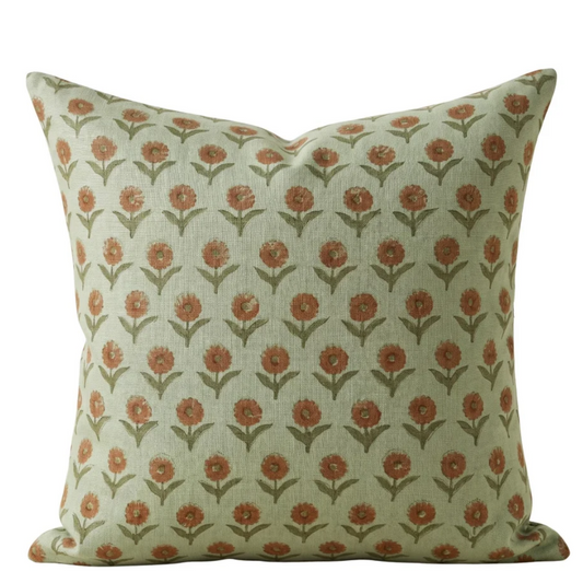 Light Green Floral Linen Pillow Cover – Rust Orange Hand Block Printed Farmhouse Throw Pillow