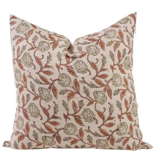 Sage Green Botanical Linen Pillow Cover – Hand Block Printed Farmhouse Throw Pillow