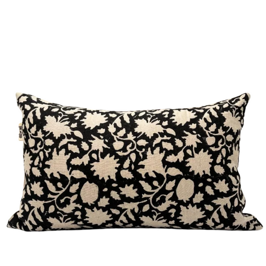 Black Floral Lumbar Pillow Cover – Farmhouse Block Print Throw Pillow