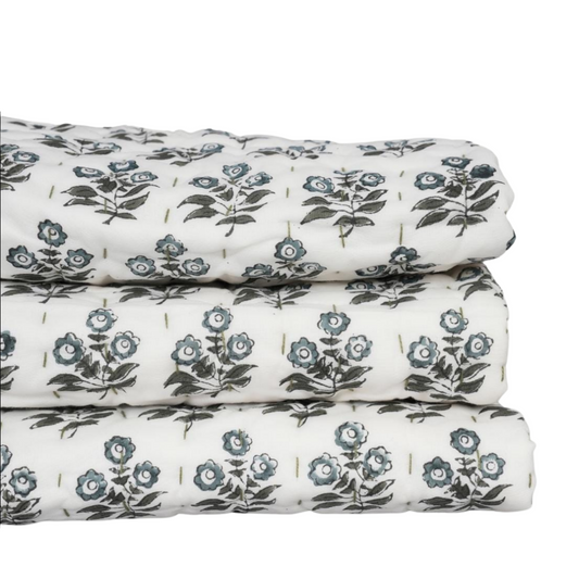 Sage Green Floral Cotton Quilt – Hand Block Printed Reversible Farmhouse Bedspread