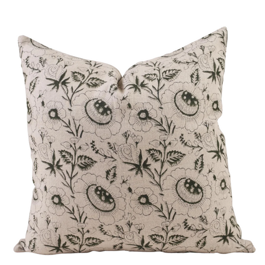 Green Floral Pillow Cover – Cottage Farmhouse Decorative Throw Pillow