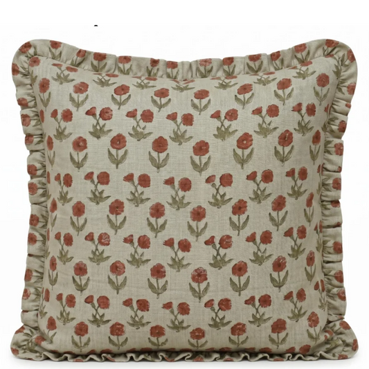 Green Floral Linen Pillow Cover with Ruffles