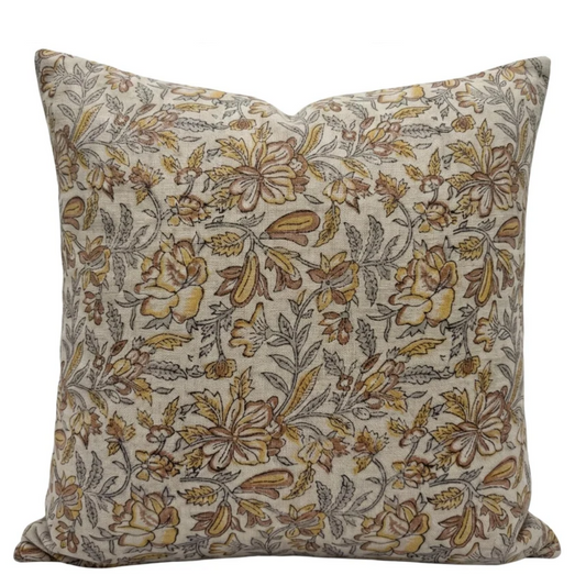 Rust Brown Floral Linen Pillow Cover – Hand Block Printed Farmhouse Throw Pillow