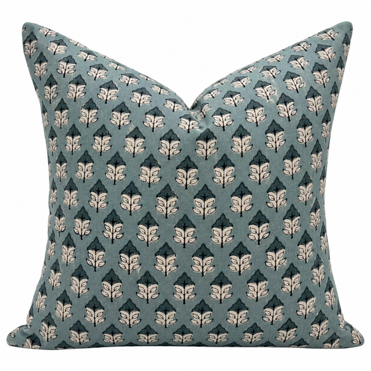 Teal Blue Floral Linen Pillow Cover – Hand Block Printed Throw Pillow