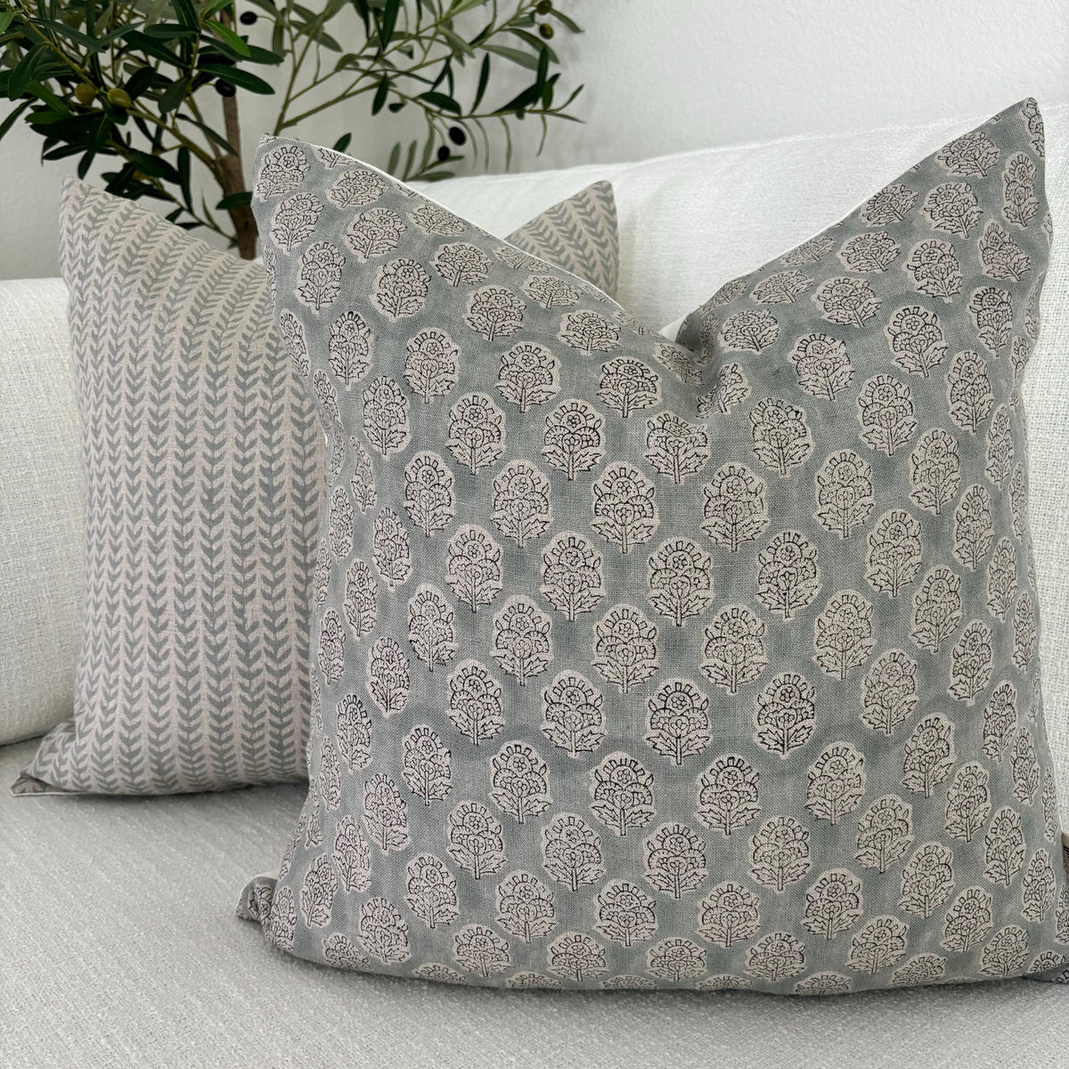 Gray Floral Linen Pillow Cover – Hand Block Printed Farmhouse Throw Pillow