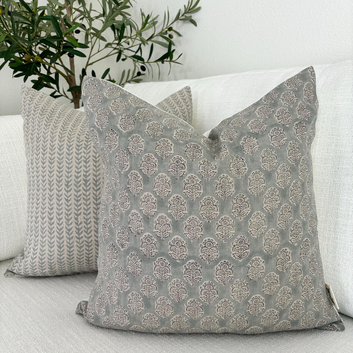 Gray Floral Linen Pillow Cover – Hand Block Printed Farmhouse Throw Pillow