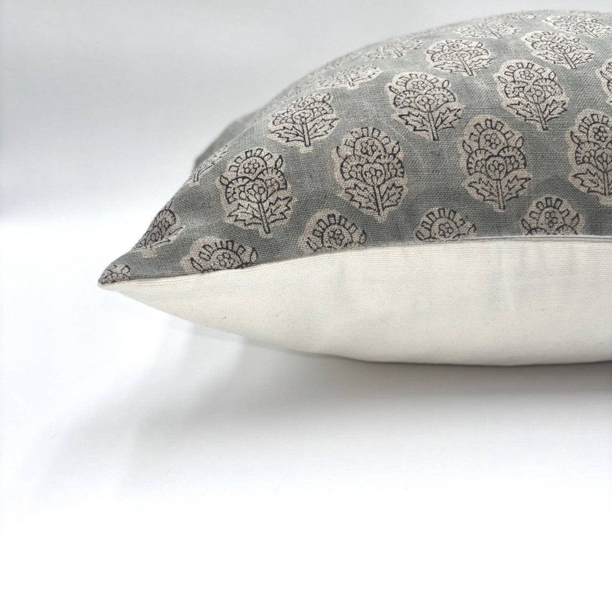 Gray Floral Linen Pillow Cover – Hand Block Printed Farmhouse Throw Pillow