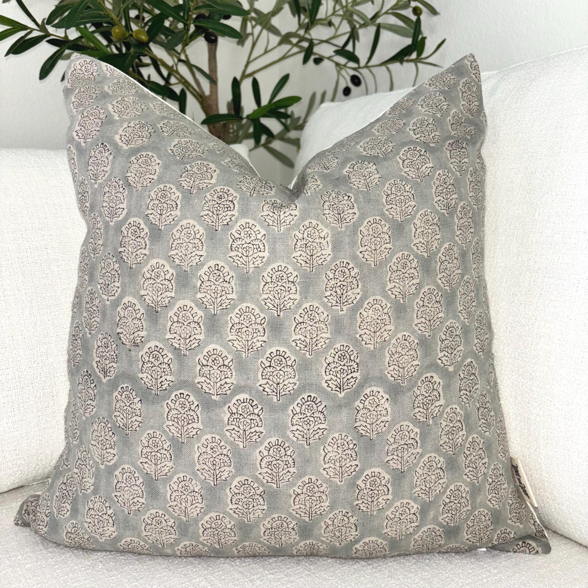 Gray Floral Linen Pillow Cover – Hand Block Printed Farmhouse Throw Pillow