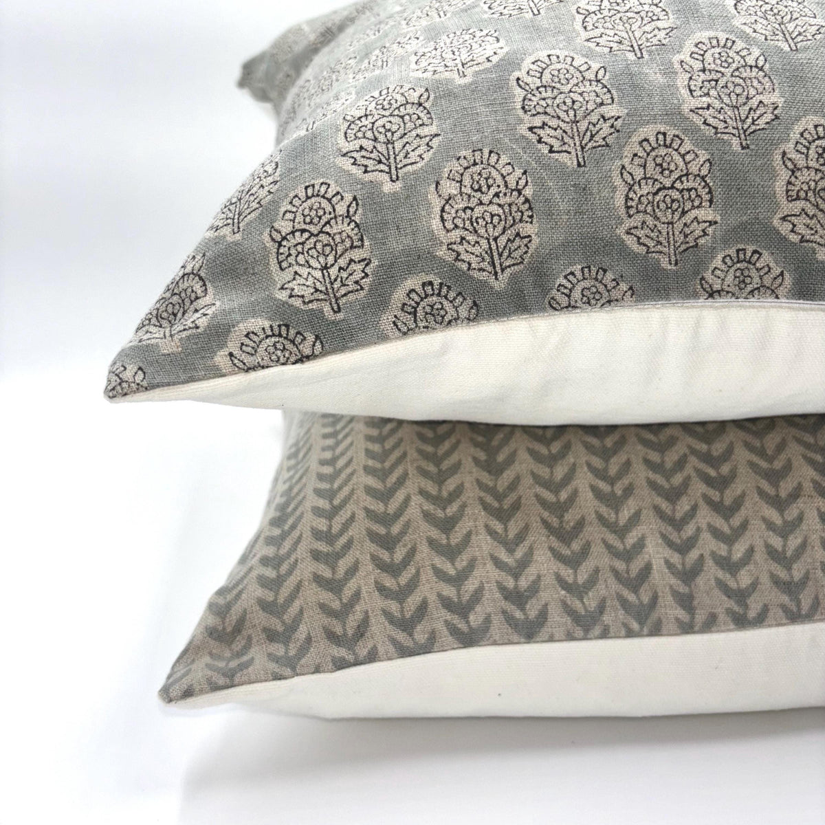 Gray Floral Linen Pillow Cover – Hand Block Printed Farmhouse Throw Pillow