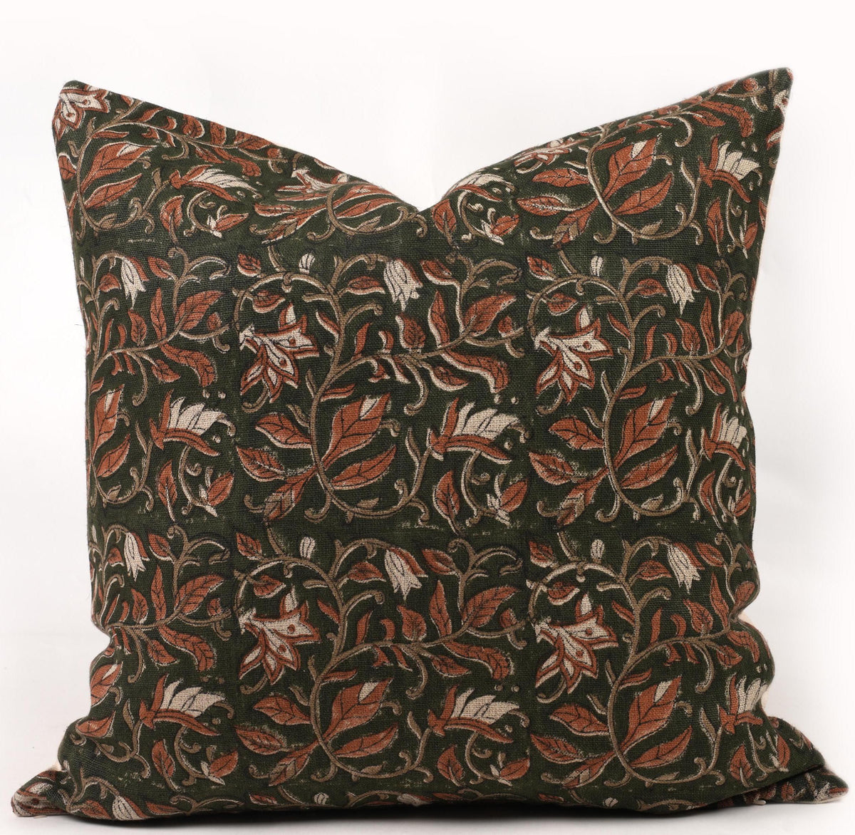Dark Green Botanical Linen Pillow Cover
