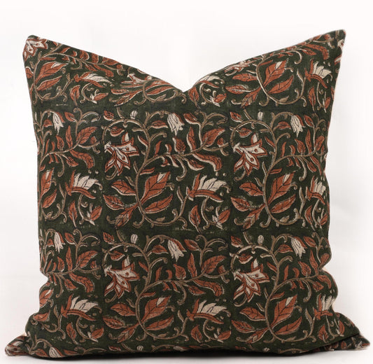 Dark Green Botanical Linen Pillow Cover