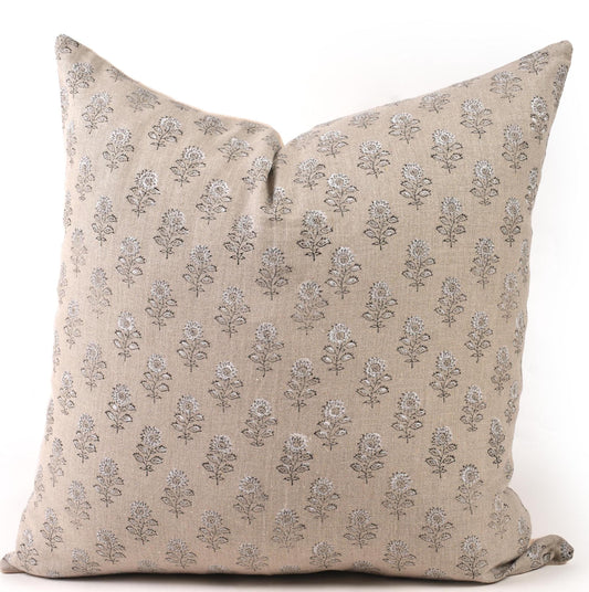 Beige Floral Linen Pillow Cover – Hand Block Printed French Country Throw Pillow