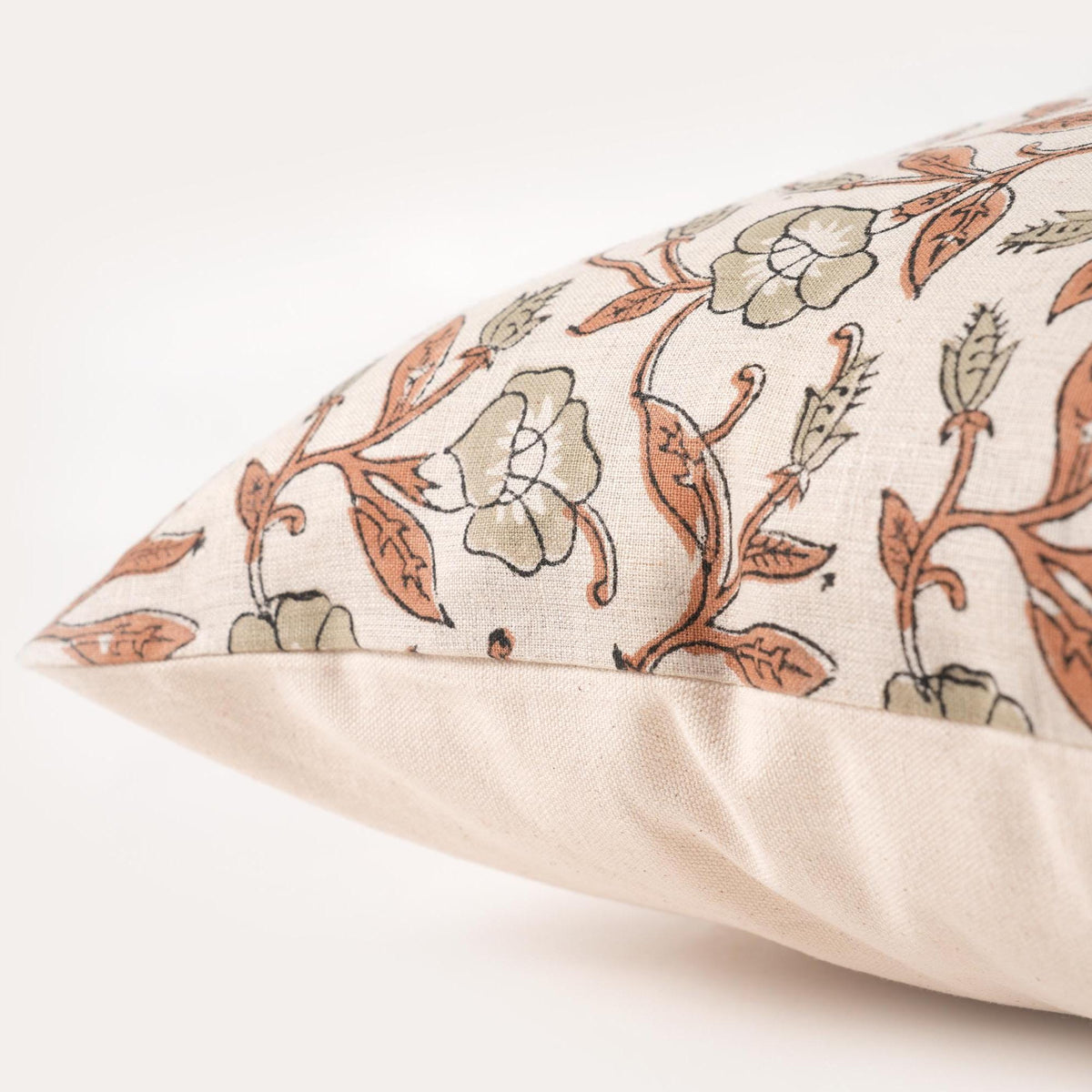 Sage Green Botanical Linen Pillow Cover – Hand Block Printed Farmhouse Throw Pillow