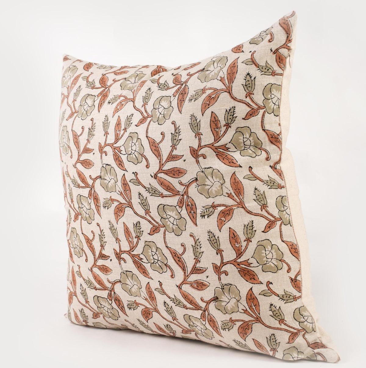 Sage Green Botanical Linen Pillow Cover – Hand Block Printed Farmhouse Throw Pillow
