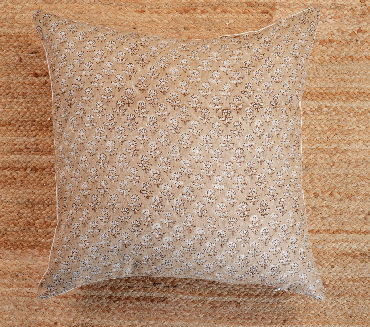 Tan Brown Floral Linen Pillow Cover – Hand Block Printed French Country Throw Pillow