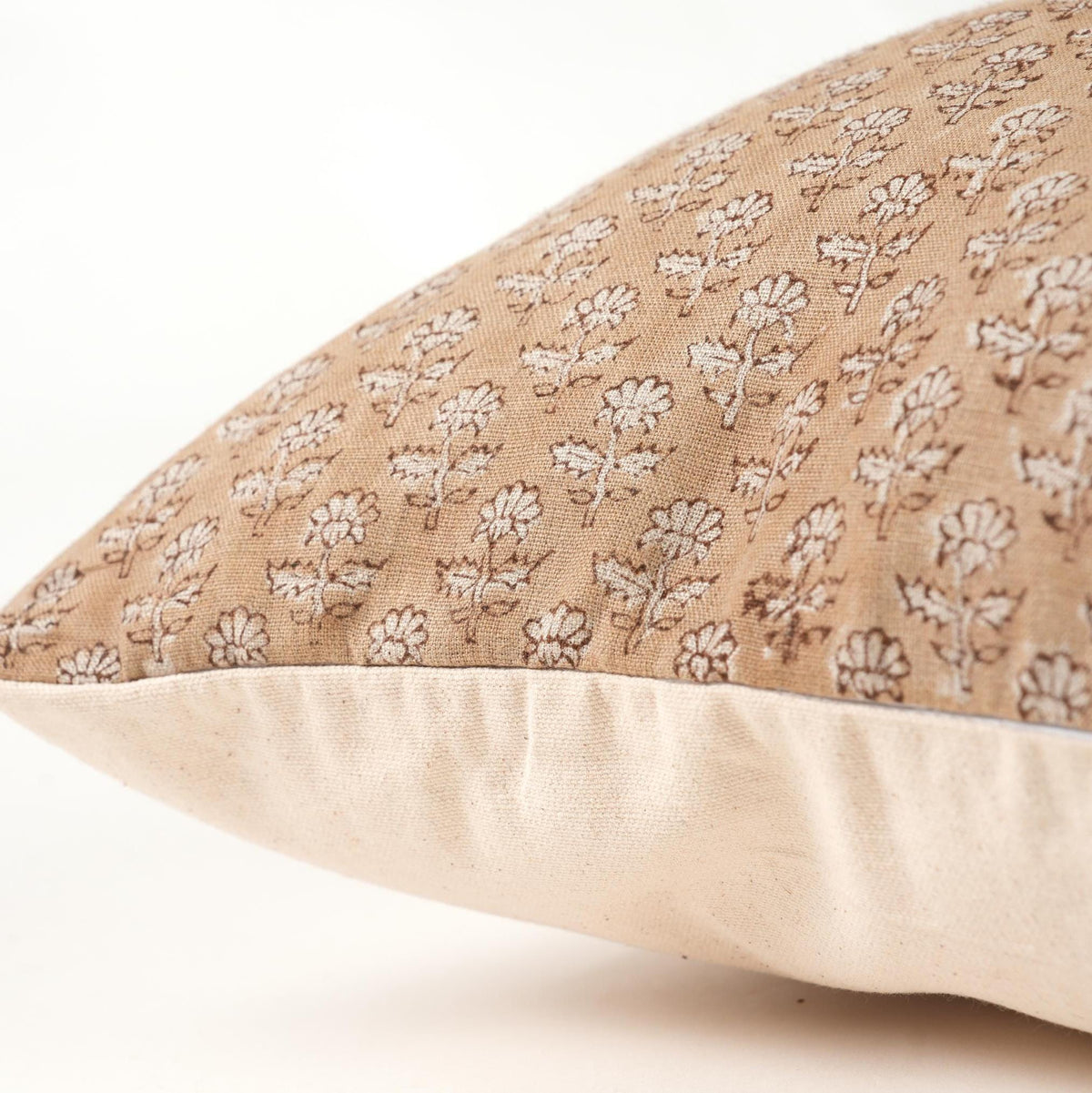 Tan Brown Floral Linen Pillow Cover – Hand Block Printed French Country Throw Pillow