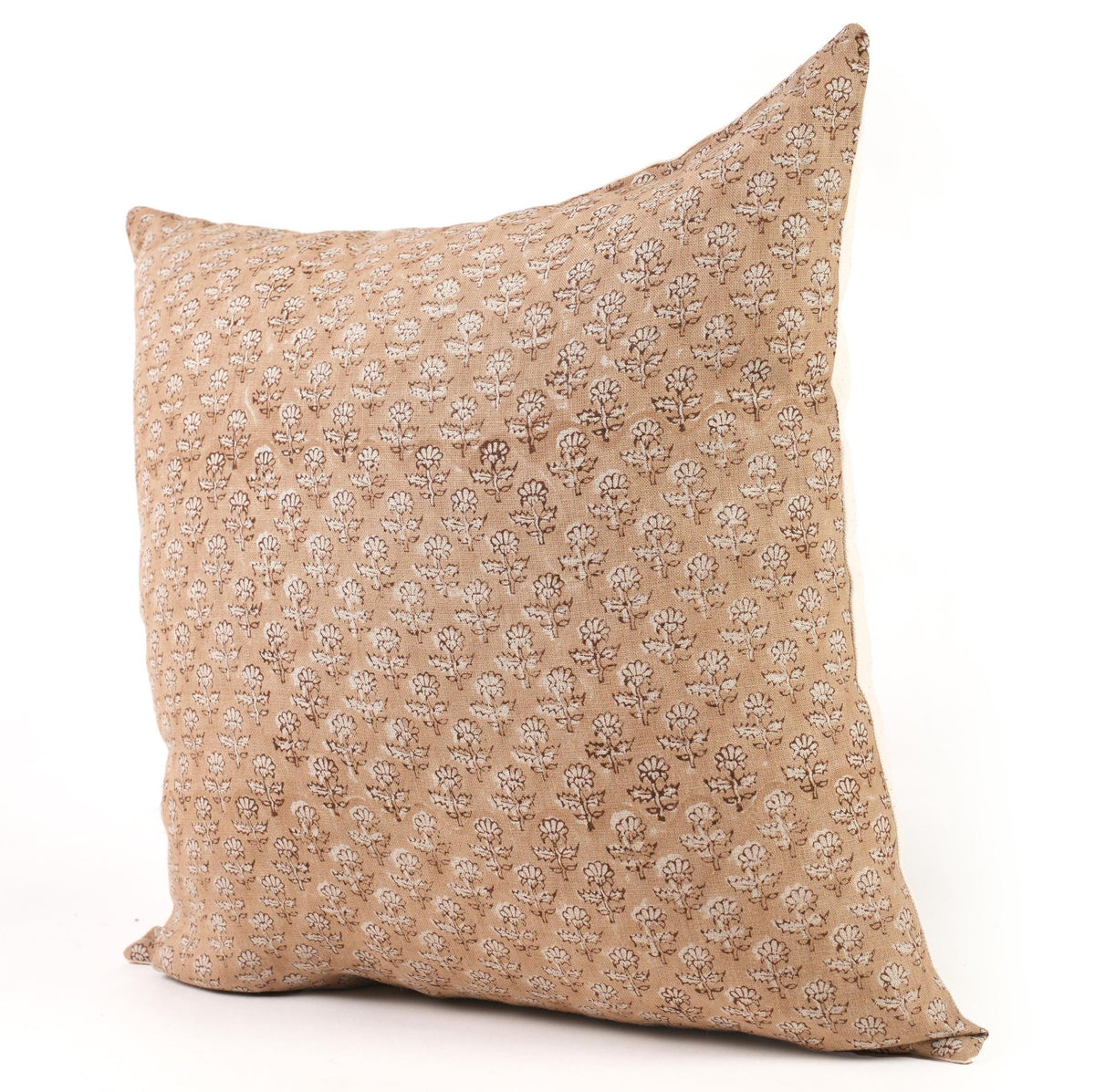 Tan Brown Floral Linen Pillow Cover – Hand Block Printed French Country Throw Pillow