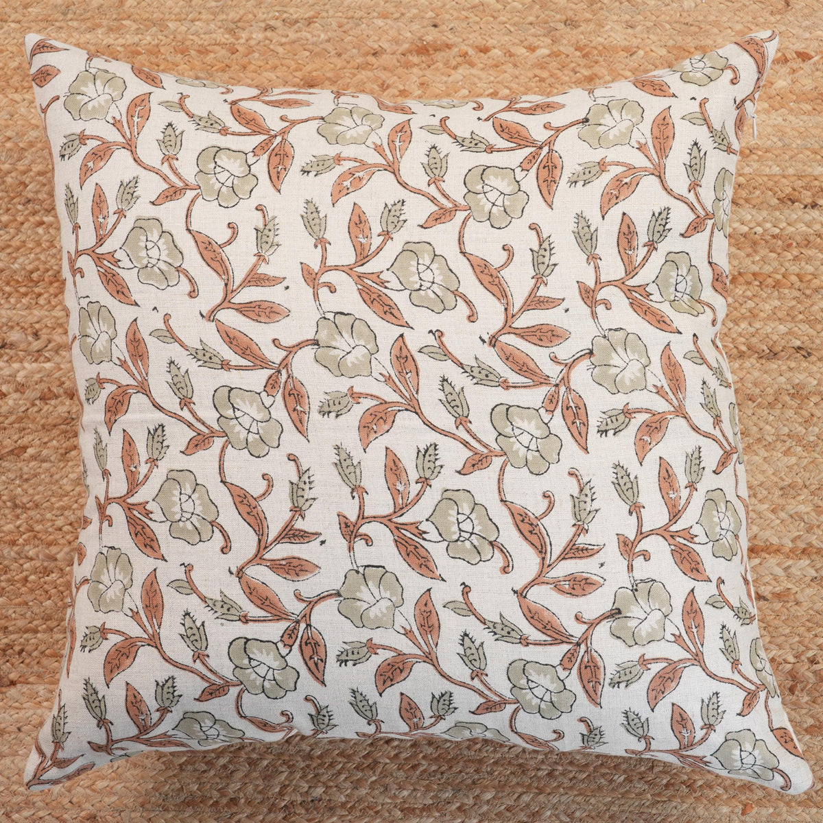 Sage Green Botanical Linen Pillow Cover – Hand Block Printed Farmhouse Throw Pillow