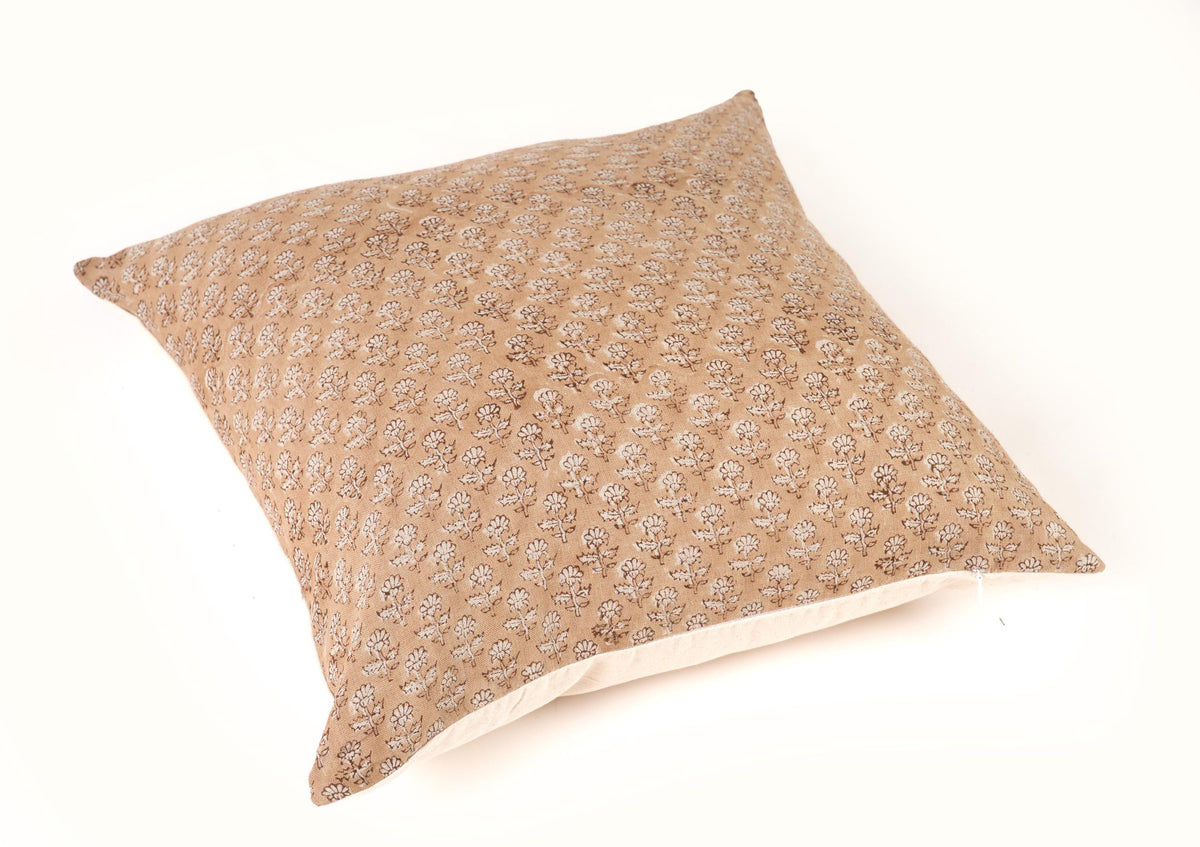 Tan Brown Floral Linen Pillow Cover – Hand Block Printed French Country Throw Pillow