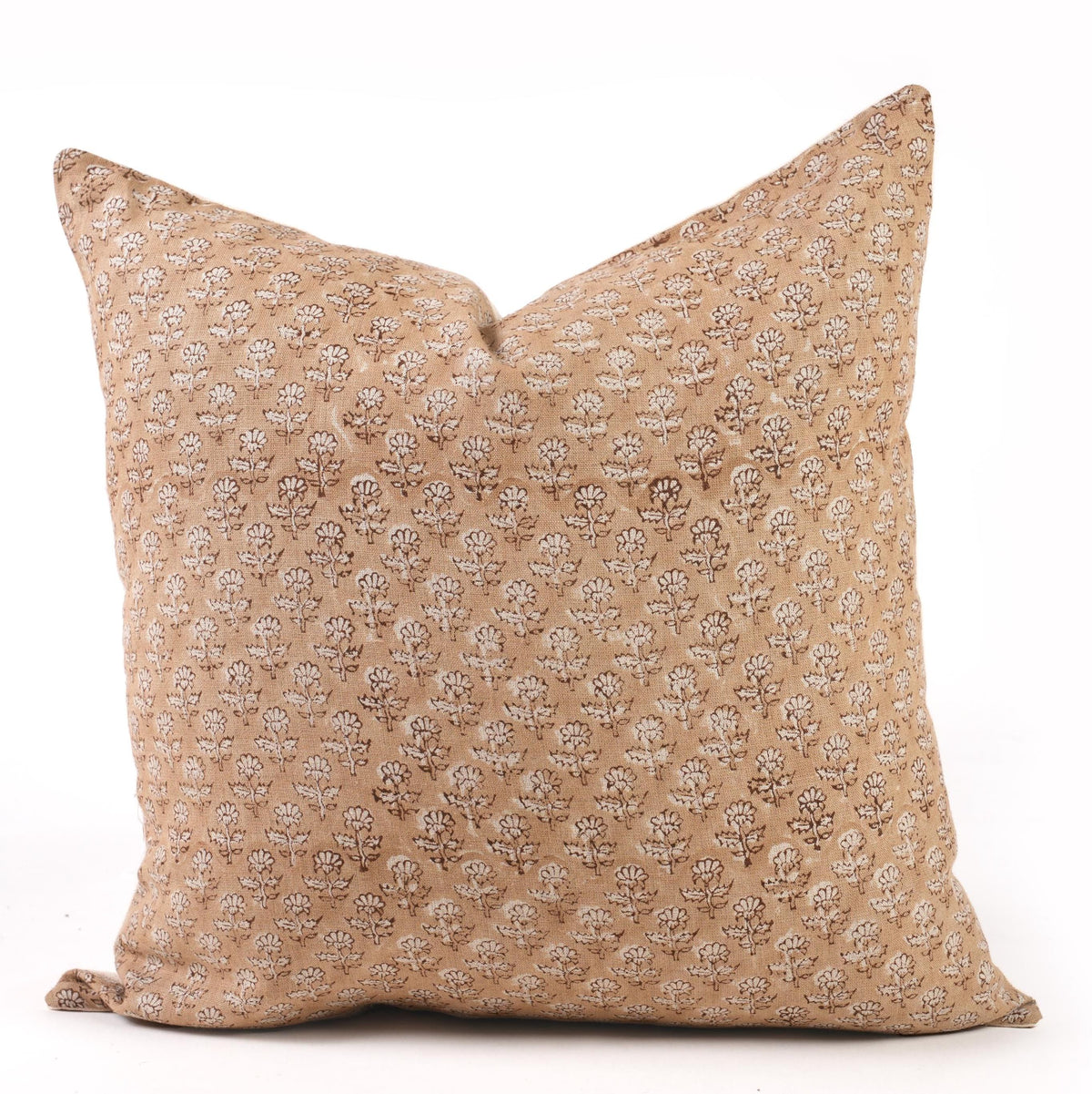Tan Brown Floral Linen Pillow Cover – Hand Block Printed French Country Throw Pillow