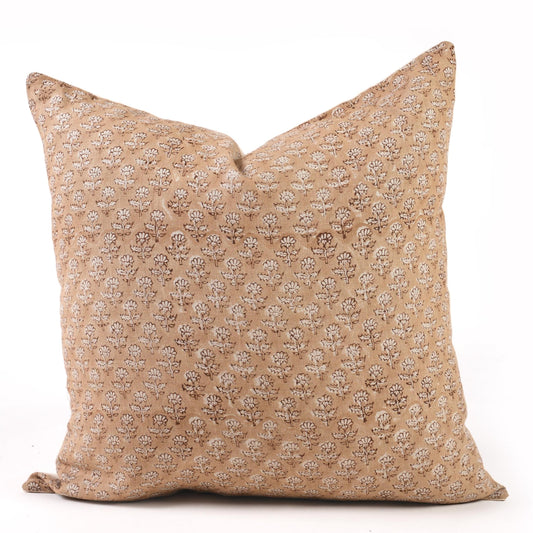 Tan Brown Floral Linen Pillow Cover – Hand Block Printed French Country Throw Pillow