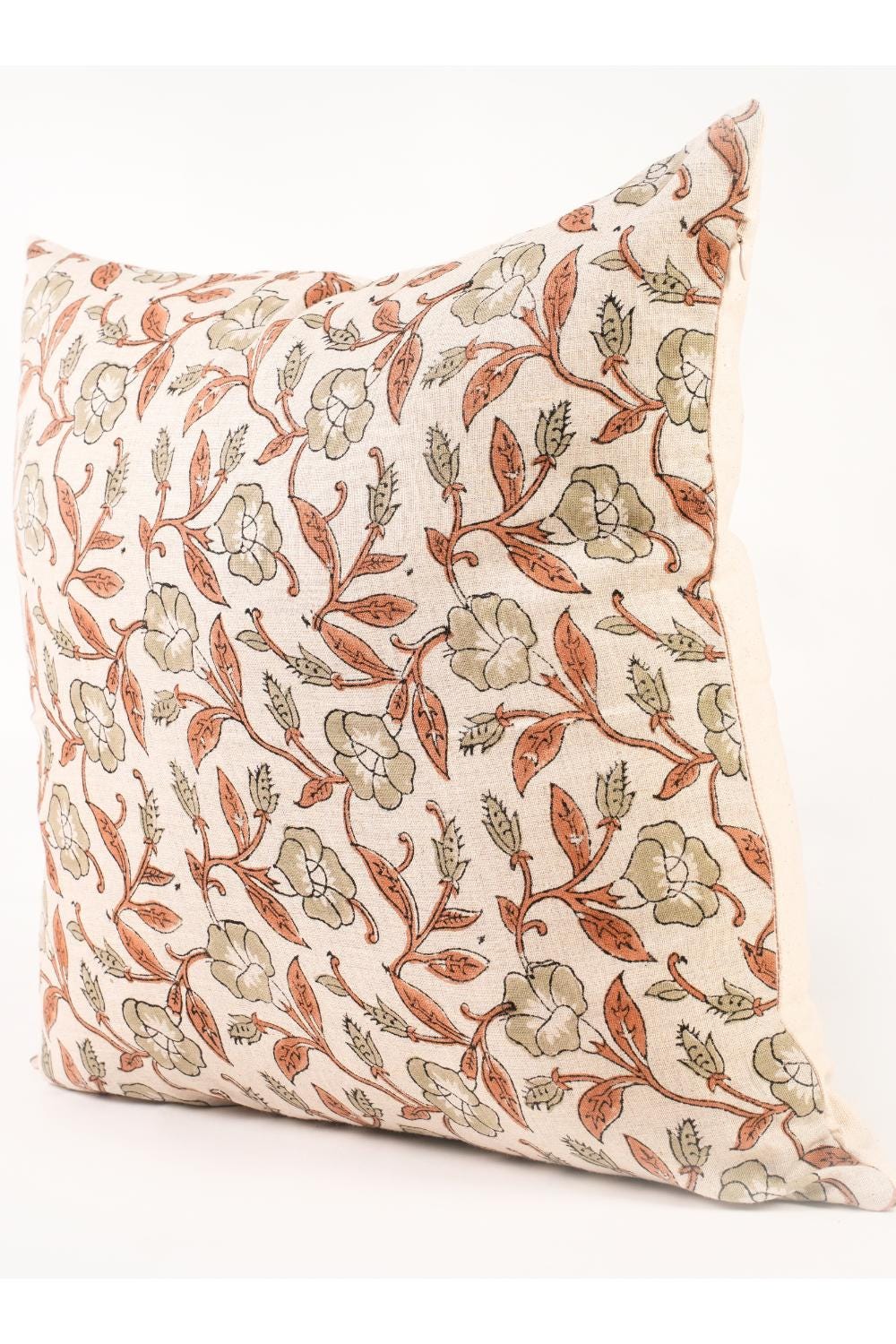 Sage Green Botanical Linen Pillow Cover – Hand Block Printed Farmhouse Throw Pillow