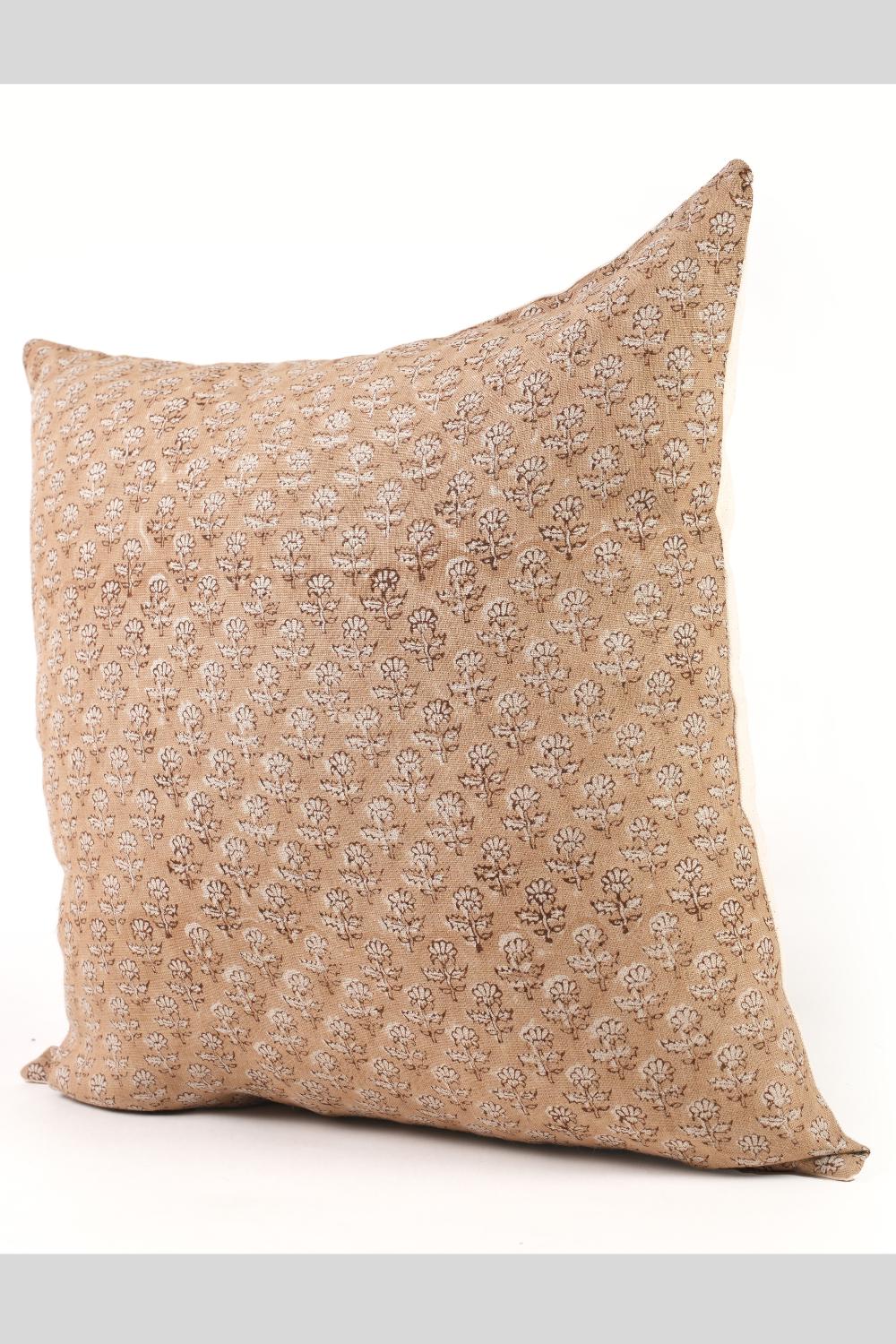 Tan Brown Floral Linen Pillow Cover – Hand Block Printed French Country Throw Pillow