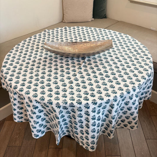 French Blue Floral Round Cotton Tablecloth