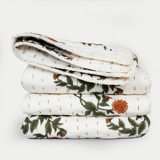 Floral Cotton Quilt – Hand Block Printed Farmhouse Bedding & Lightweight Blanket