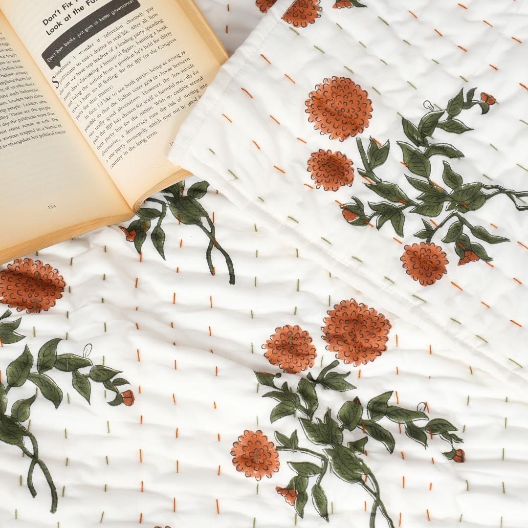 Floral Cotton Quilt – Hand Block Printed Farmhouse Bedding & Lightweight Blanket