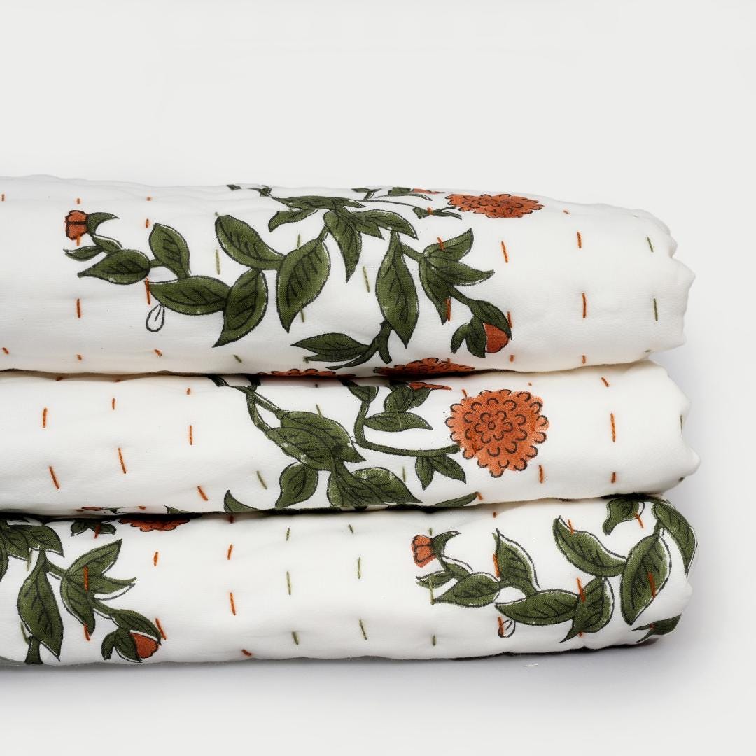 Floral Cotton Quilt – Hand Block Printed Farmhouse Bedding & Lightweight Blanket