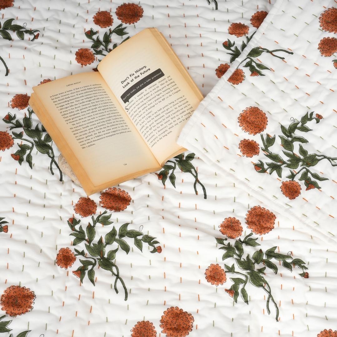 Floral Cotton Quilt – Hand Block Printed Farmhouse Bedding & Lightweight Blanket