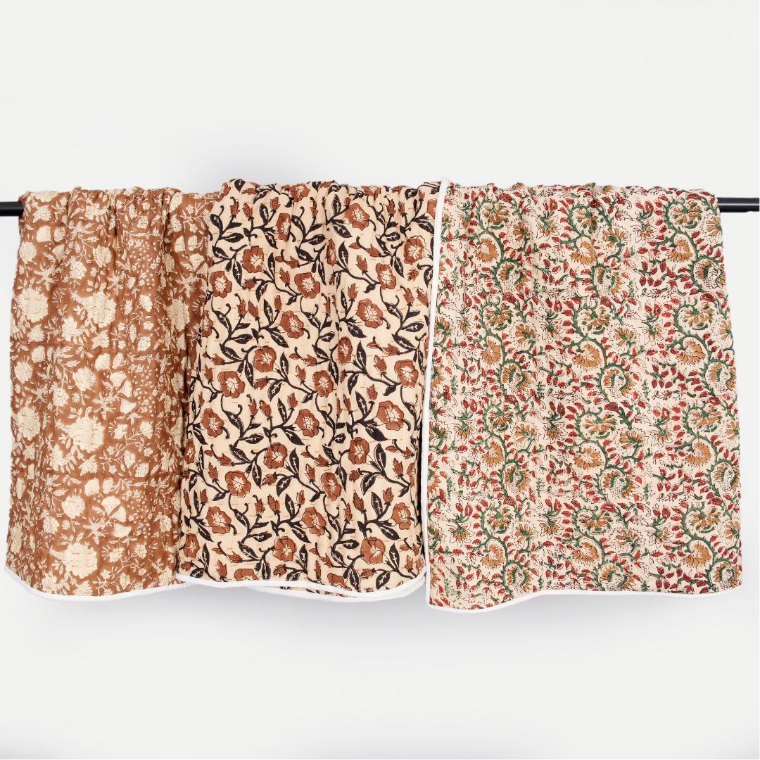 Brown Floral Cotton Quilt – Hand Block Printed Farmhouse Bedding