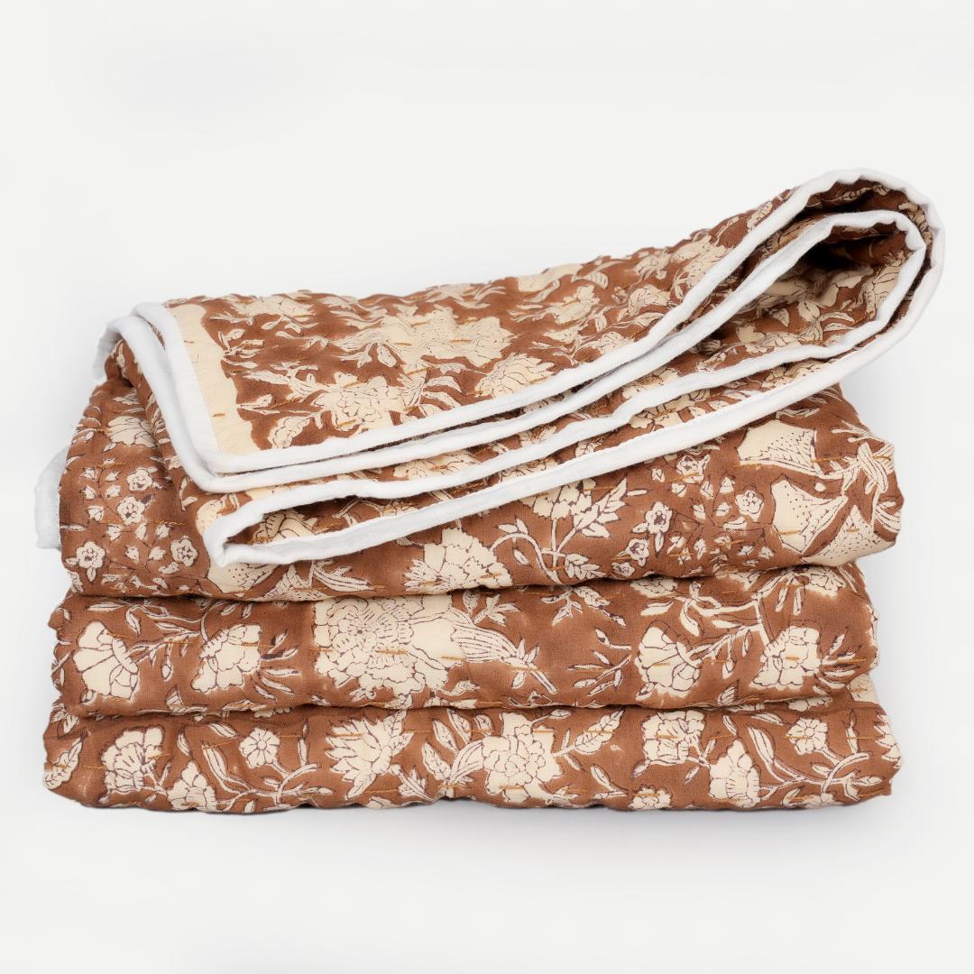 Brown Floral Cotton Quilt – Hand Block Printed Farmhouse Bedding