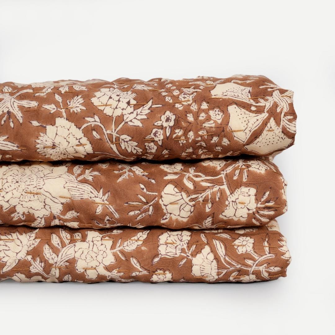 Brown Floral Cotton Quilt – Hand Block Printed Farmhouse Bedding