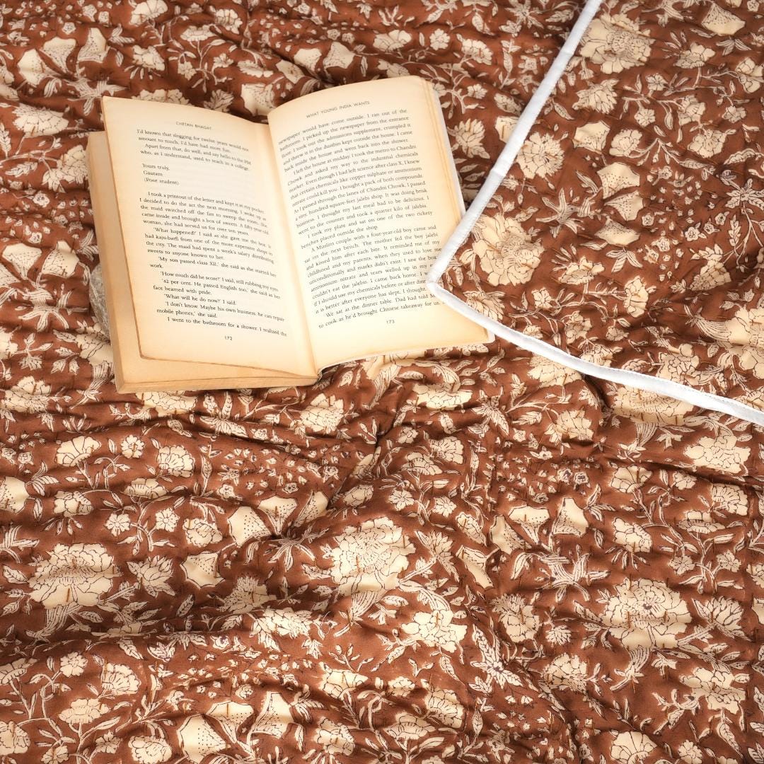 Brown Floral Cotton Quilt – Hand Block Printed Farmhouse Bedding