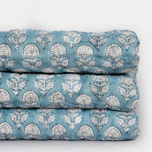 Blue Floral Cotton Quilt – Hand Block Printed Cottage Bedding
