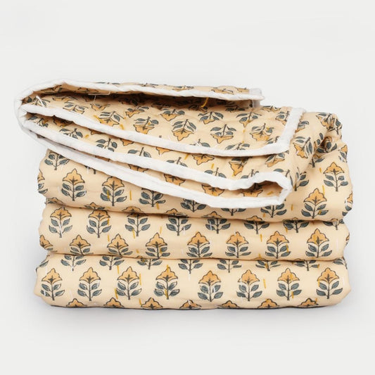 Yellow Floral Cotton Quilt – Hand Block Printed Cottage Bedding