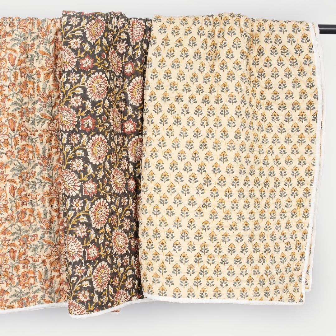 Yellow Floral Cotton Quilt – Hand Block Printed Cottage Bedding
