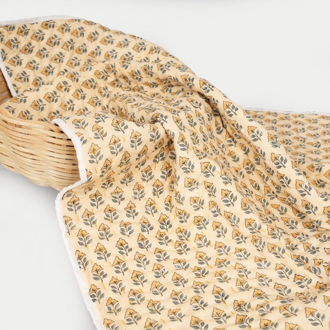 Yellow Floral Cotton Quilt – Hand Block Printed Cottage Bedding