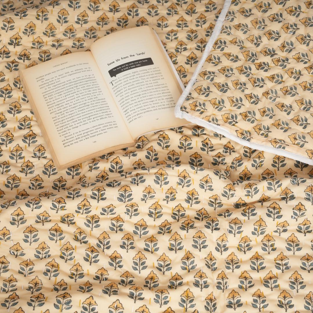 Yellow Floral Cotton Quilt – Hand Block Printed Cottage Bedding