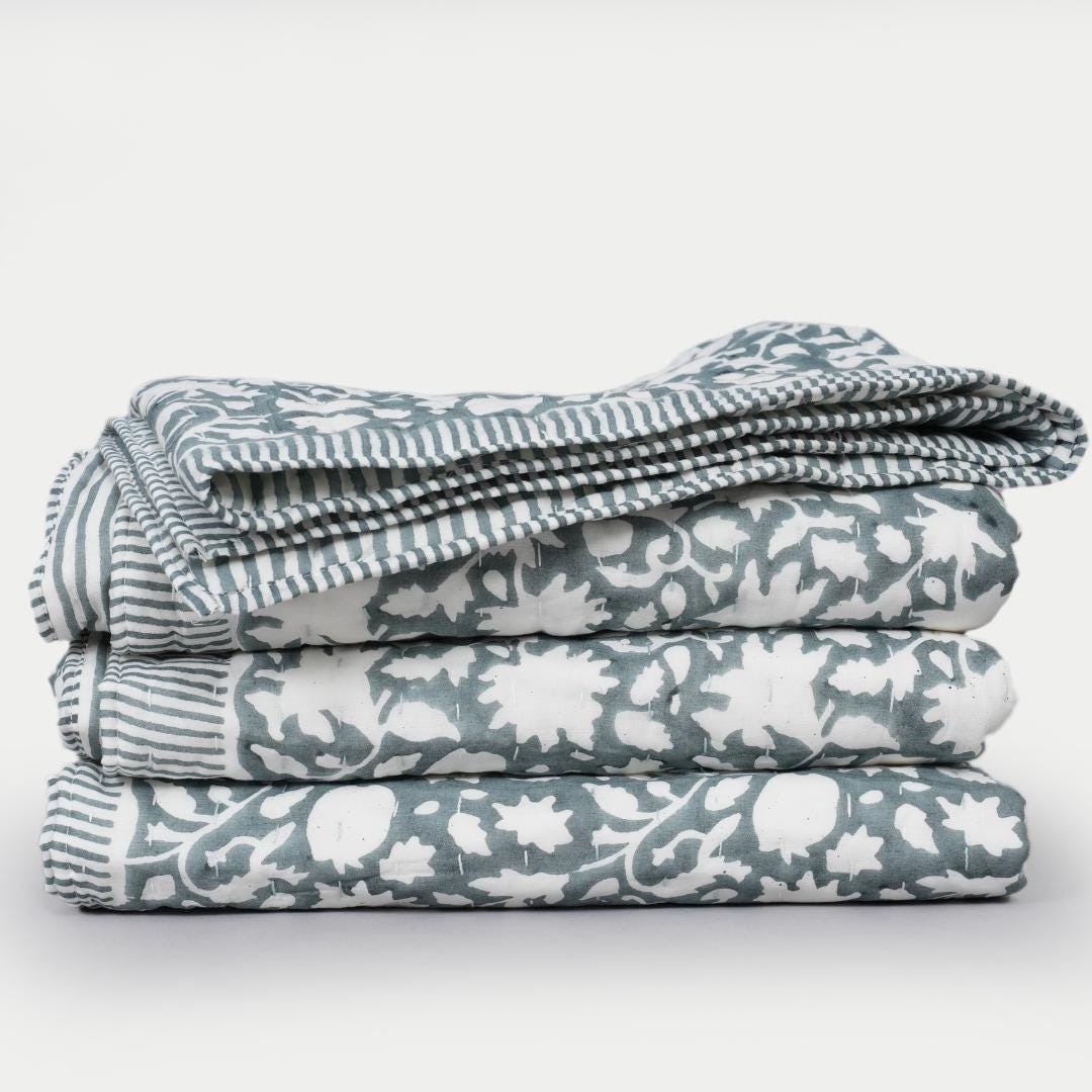 Blue Gray Floral Cotton Quilt – Hand Block Printed Reversible Farmhouse Bedspread