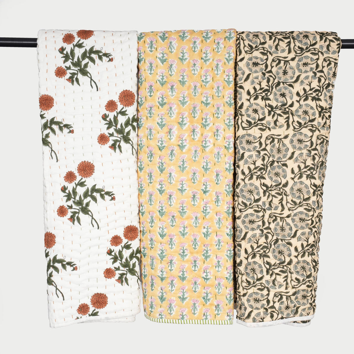 Floral Cotton Quilt – Hand Block Printed Farmhouse Bedding & Lightweight Blanket