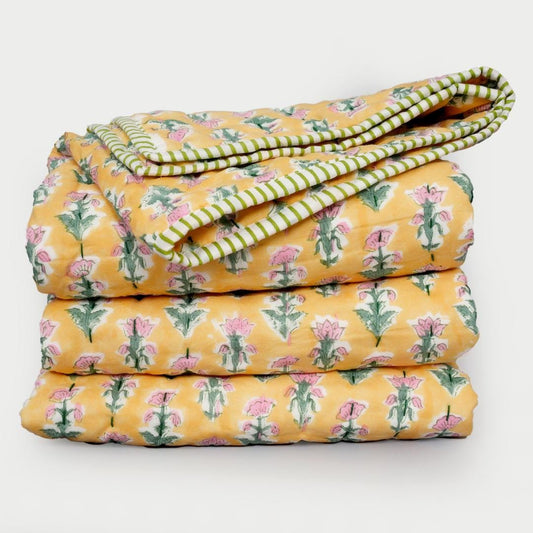 Yellow Floral Block Print Quilt – Handmade Cotton Bedspread, French Country Cottage Farmhouse Bedding