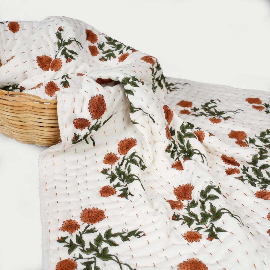 Floral Cotton Quilt – Hand Block Printed Farmhouse Bedding & Lightweight Blanket
